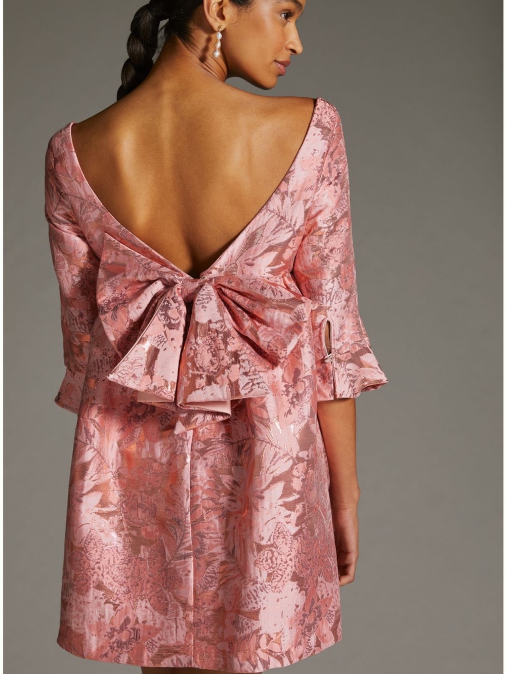 Eva Franco Rose Pink Floral Jacquard Bow-Back Mini Dress